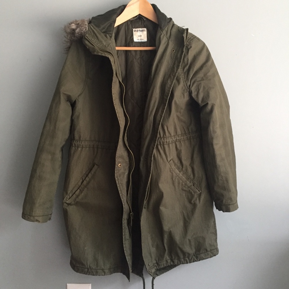 Old Navy olive green faux fur hood jacket small